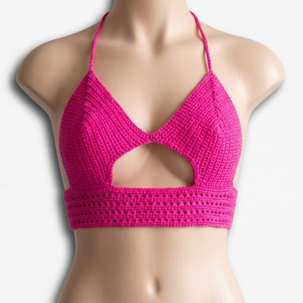 Handmade Crochet Halter Top Hot Pink Cutout Festival Boho Crop XS S